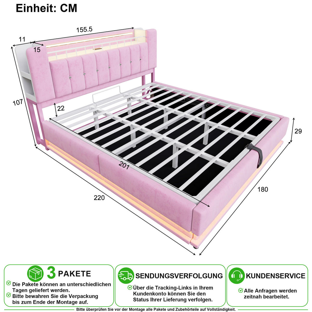 POLSTERBETT 180/200 cm in Rosa mit LED, USB und Stauraum aus Samt - Rosa, Holzwerkstoff/Textil (180/200cm) - CHICFURN