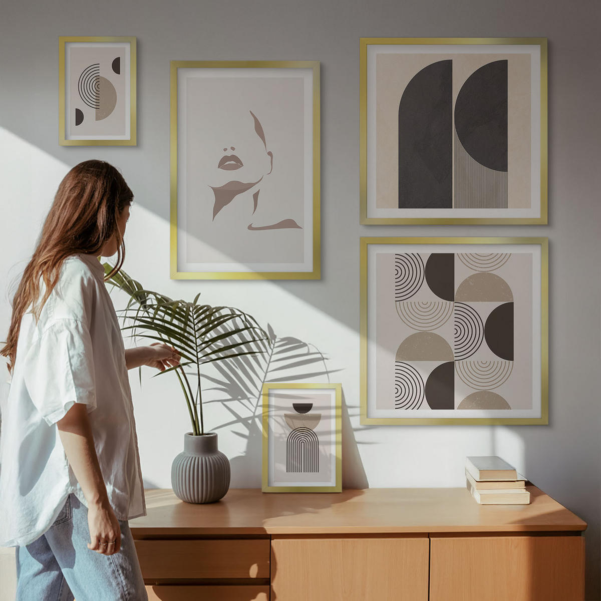 BILDER SET 5er Set - 50x50 cm & 20x30 cm & 40x60 cm Goldrahmen - Abstrakte Gesichtsformen - Goldfarben, Kunststoff (40/60cm) - TULUP