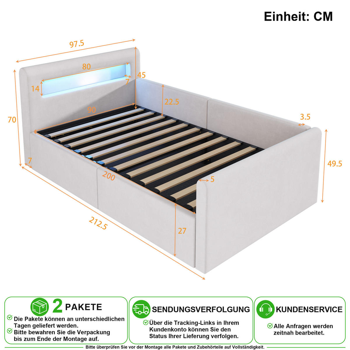 KINDERBETT 90/200 cm in Beige Samt mit Stauraum, LED, USB und Regal - Beige, Holzwerkstoff/Textil (90/200cm) - CHICFURN