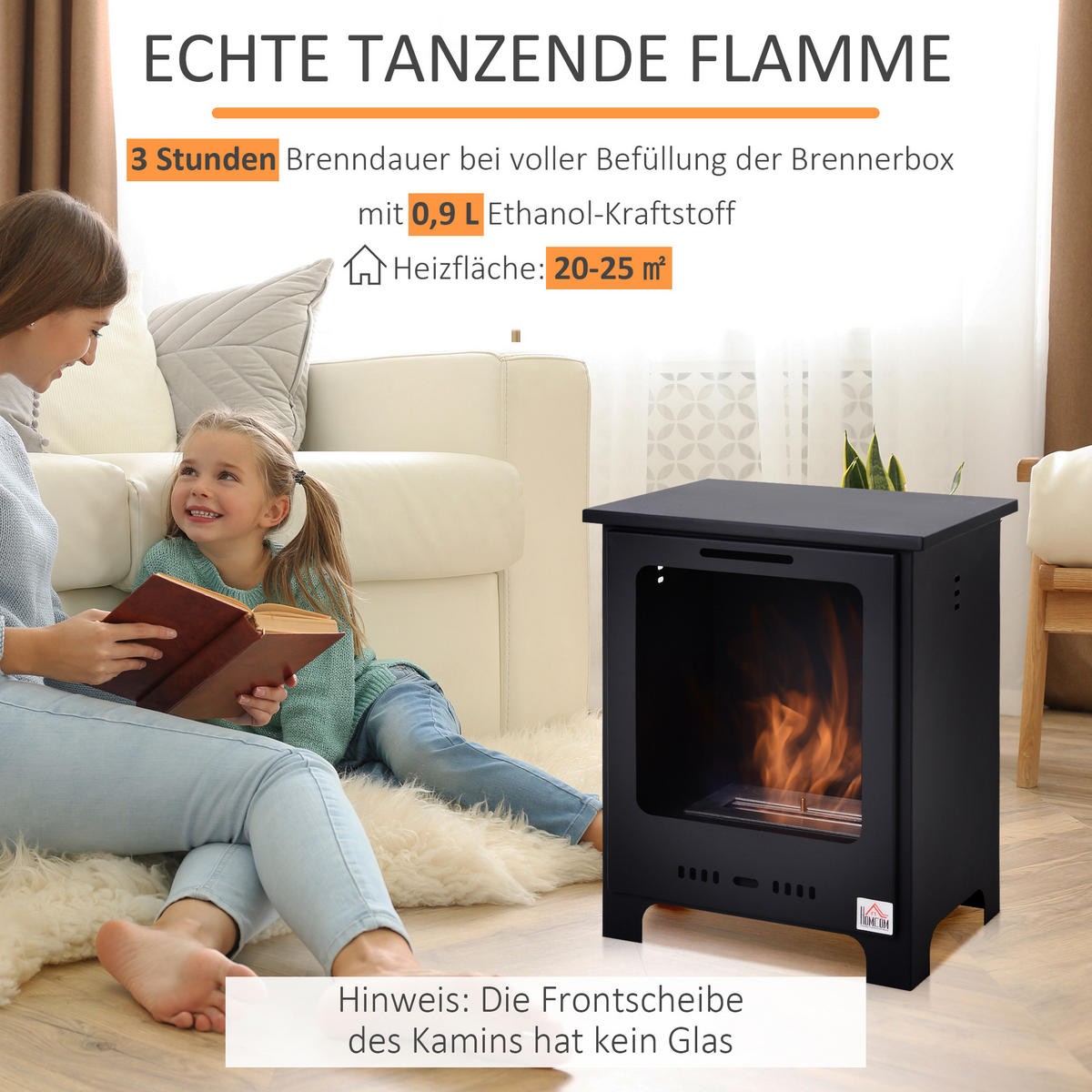 ETHANOL-KAMIN 0,9 L Bio-Ethanol-Brenner 3 Stdn. Brenndauer kein Rauch Metall - Schwarz, Metall (30/50/40cm) - HOMCOM
