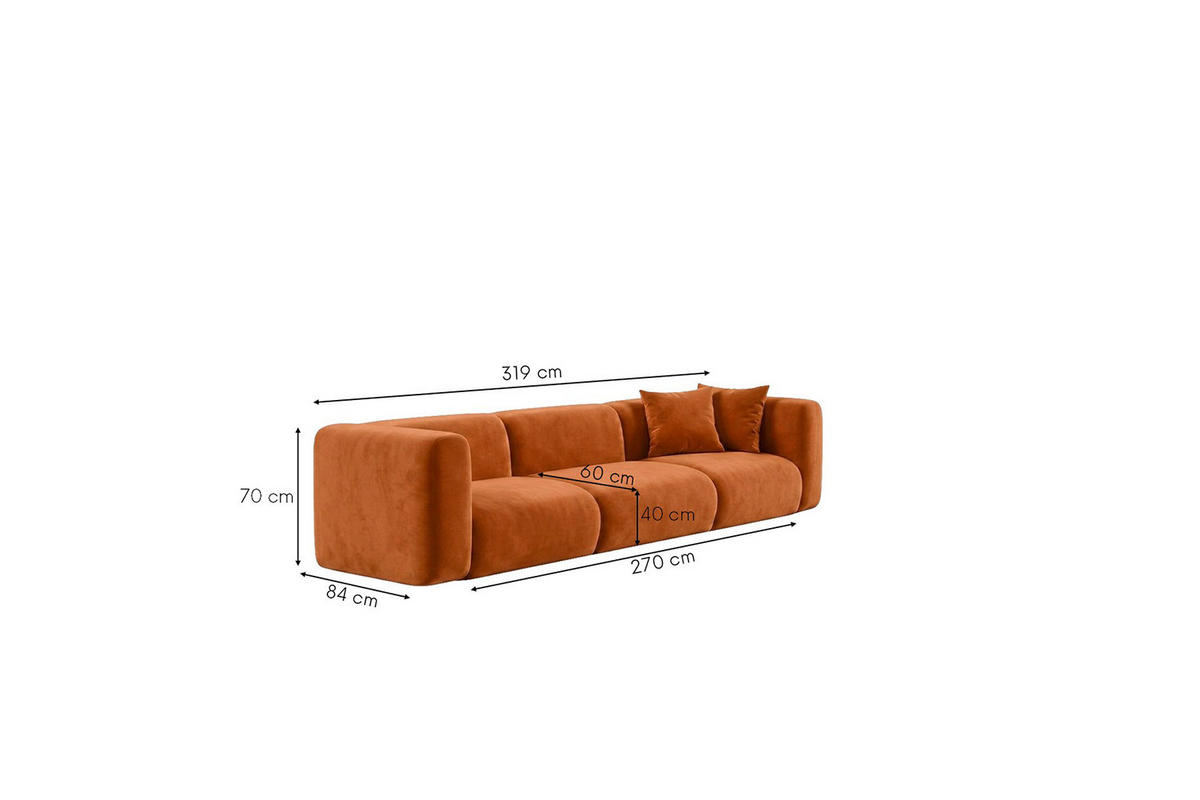 SOFA 3-Sitzer, Velvet-Stoff Bluvel, Zimtfarbe, GRETA - Orange, Holz (319/70/89cm) - Kaiser Möbel