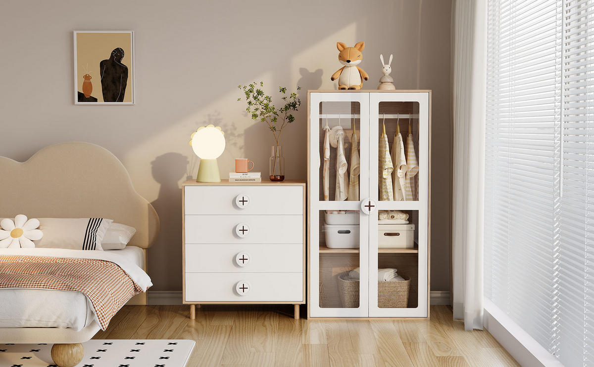 KOMMODE, 4 Schubladen, mit lackierten Fronten und Holzoptik, 80x54x90 cm, NaturalxWeiß - Naturfarben, Holzwerkstoff (54/90/80cm) - Modfu