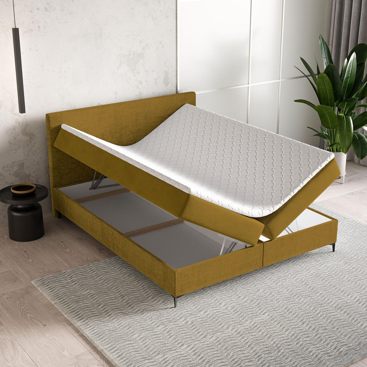 BOXBETT TORREL 160x200 cm mit Matratze und Topper - Gelb - Gelb, Holz (160/200cm) - MASSENO