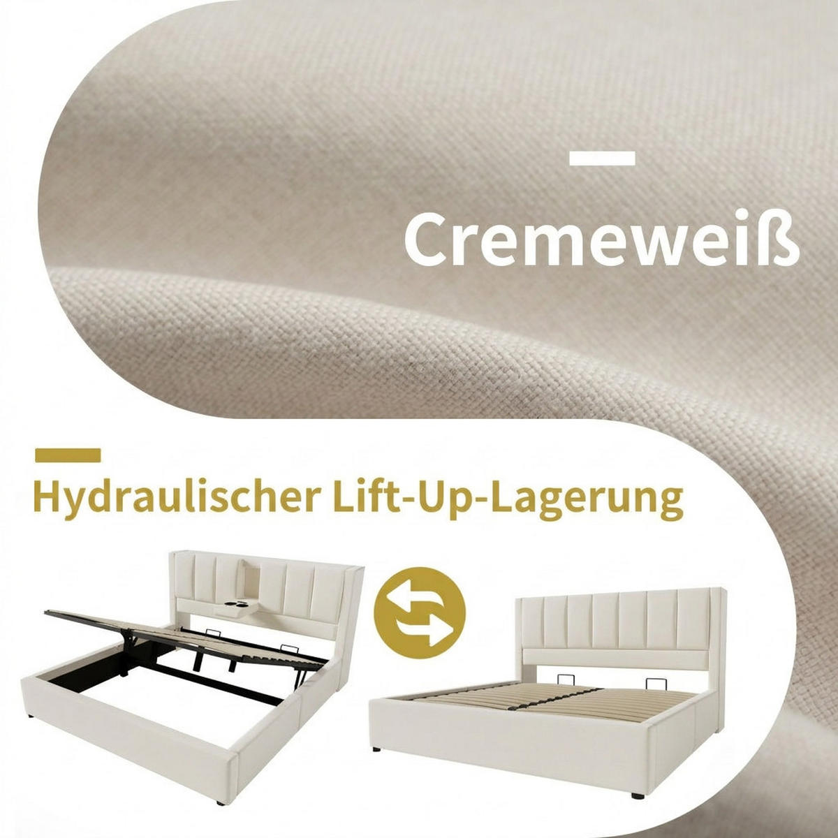 POLSTERBETT 160/200 cm Beige mit verstecktem Becherhalter und Ladestation (Ohne Matratze) - Beige, Textil (160/200cm) - Oxeza