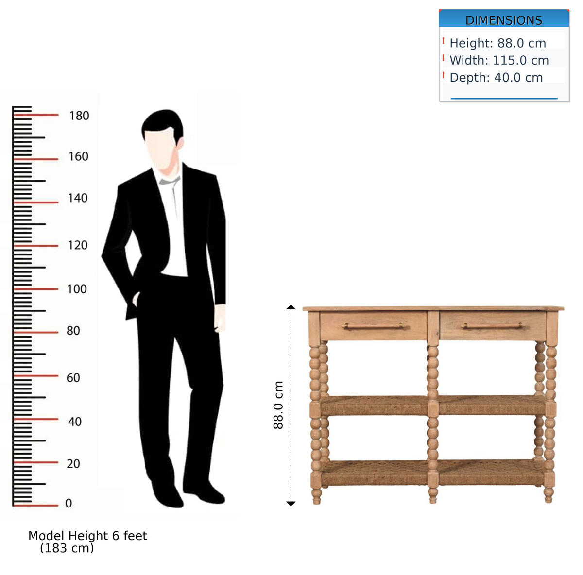 KONSOLENTISCH mit Stonedrift-Holz-Finish, 2 Schubladen, 4 offene Ablagen, hellbraun - Braun, Holz (40/115/88cm) - Artisan Furniture