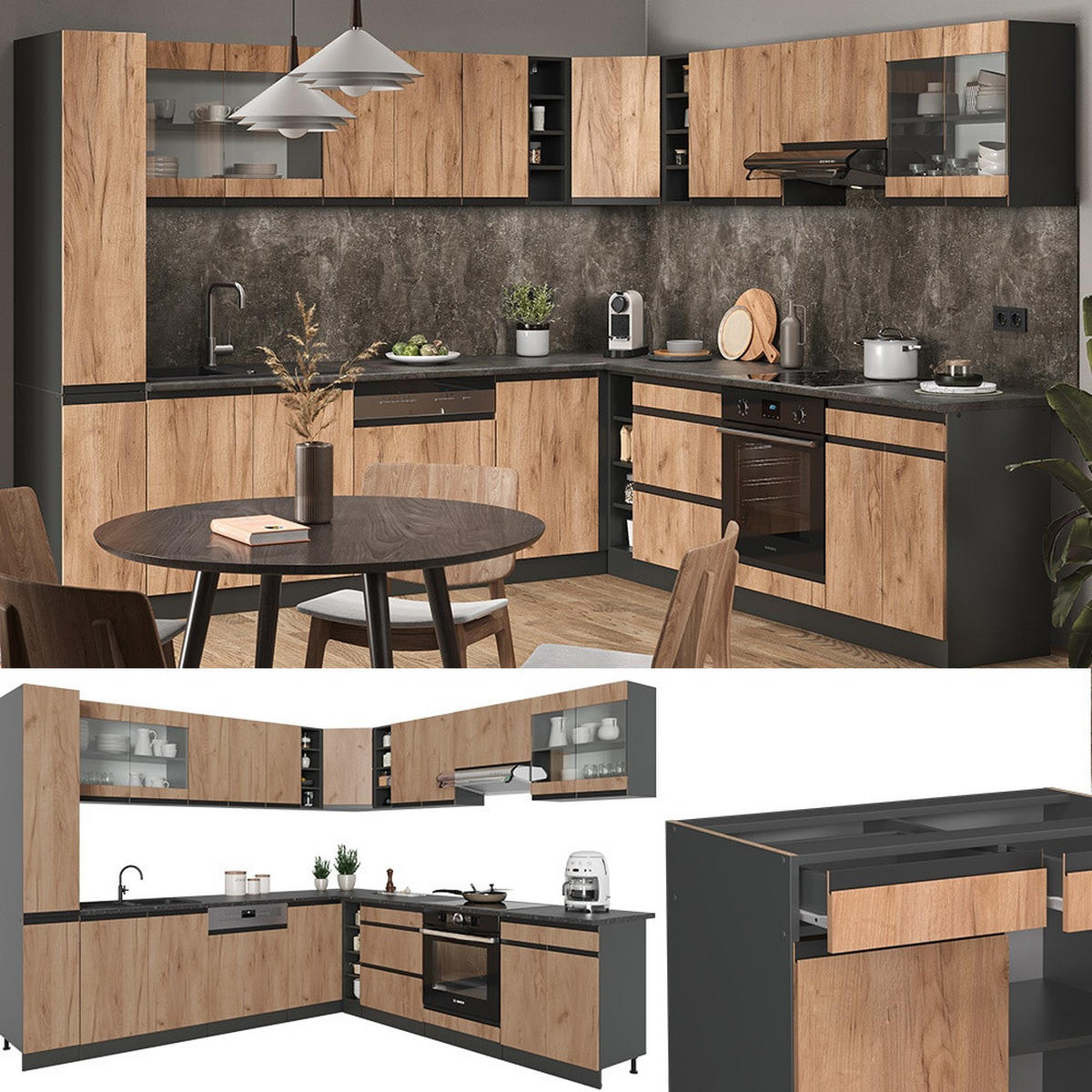 HÖRNKÖK R-Line, Goldkraft ek/antracit, 277 x 257 cm J-Shape, AP Ek - Honungsek/Antracit, Träbaserade material (277/81.6/60cm) - Vicco