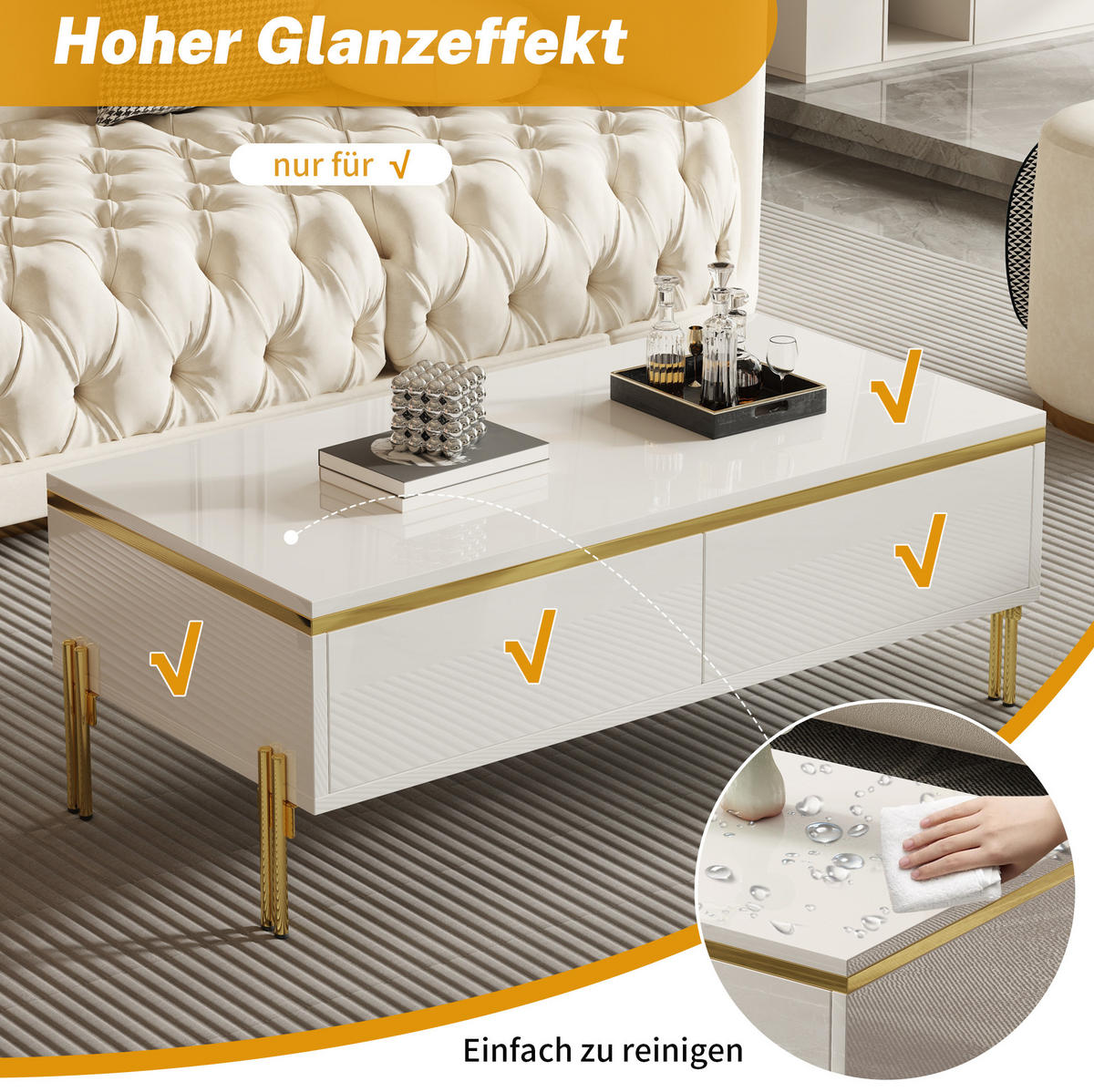 COUCHTISCH 100/50/36 cm in Weiß Hochglanz mit Doppelschubladen - Weiß, Holzwerkstoff (100/50/36cm) - Flora Grace