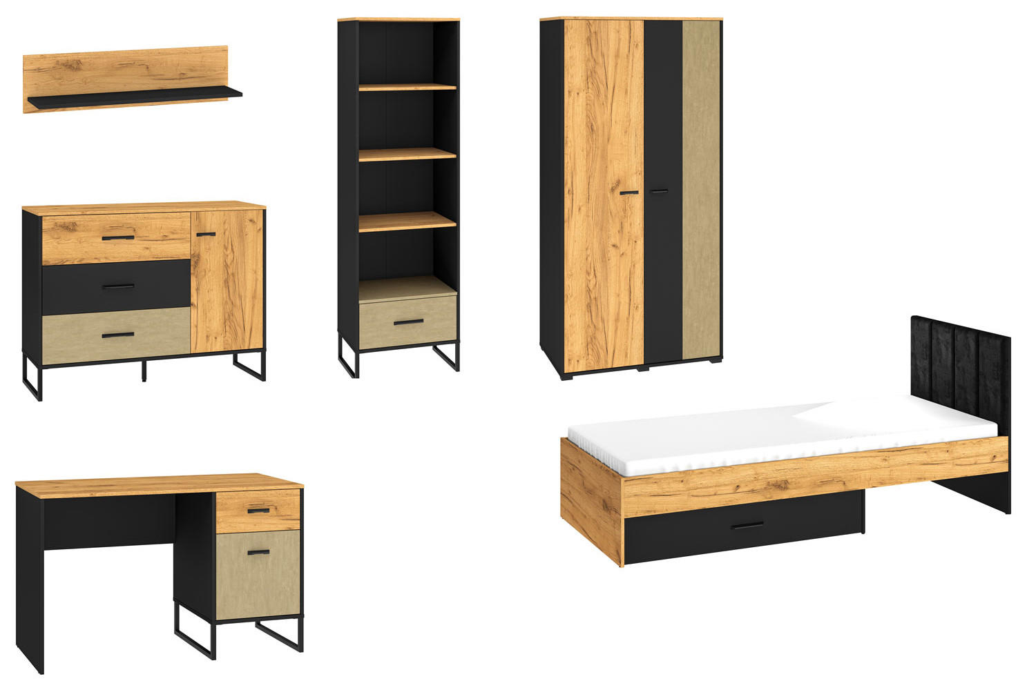JUGENZIMMER-SET Colt schwarz / Craft Gold Eiche / Premium Steel 6-teilig - Multicolor/Braun, Holz/Holzwerkstoff (483/190/207cm) - Feldmann-Wohnen