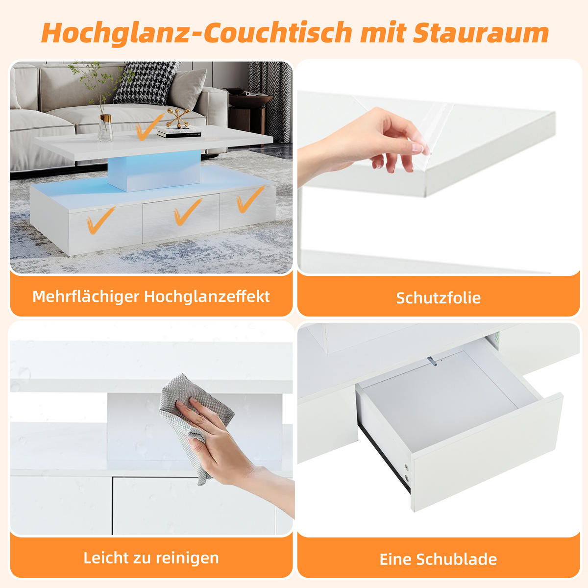 COUCHTISCH LED Hochglanz Weiß 2-stufig mit Schublade 100x50cm - Weiß, Holzwerkstoff (100/50/39cm) - FLIEKS