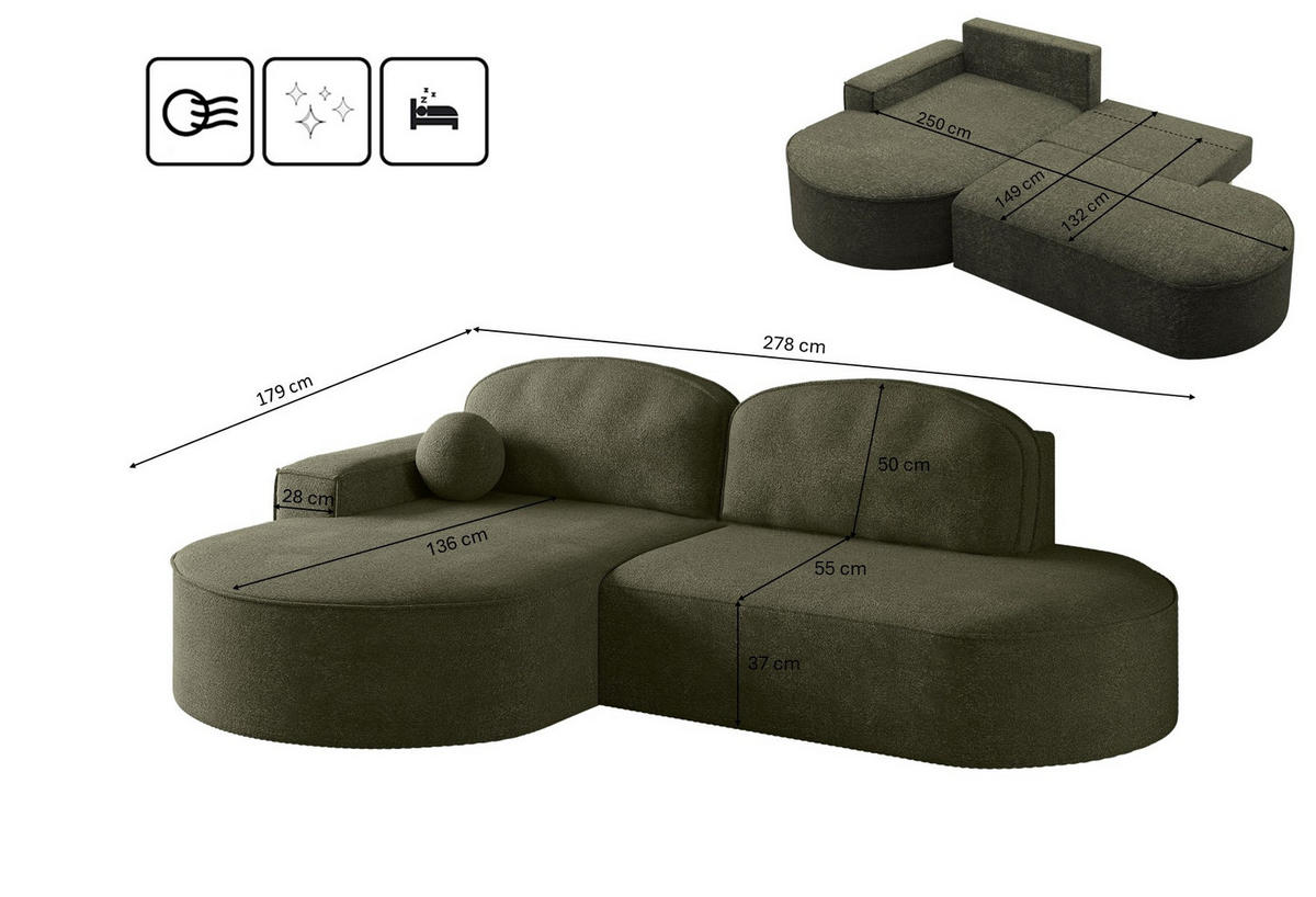 ECKSOFA mit Schlaffunktion und Bettkasten Modena Runden stoff Arena Grün Links - Grün, Holz (179/278cm) - Kaiser Möbel