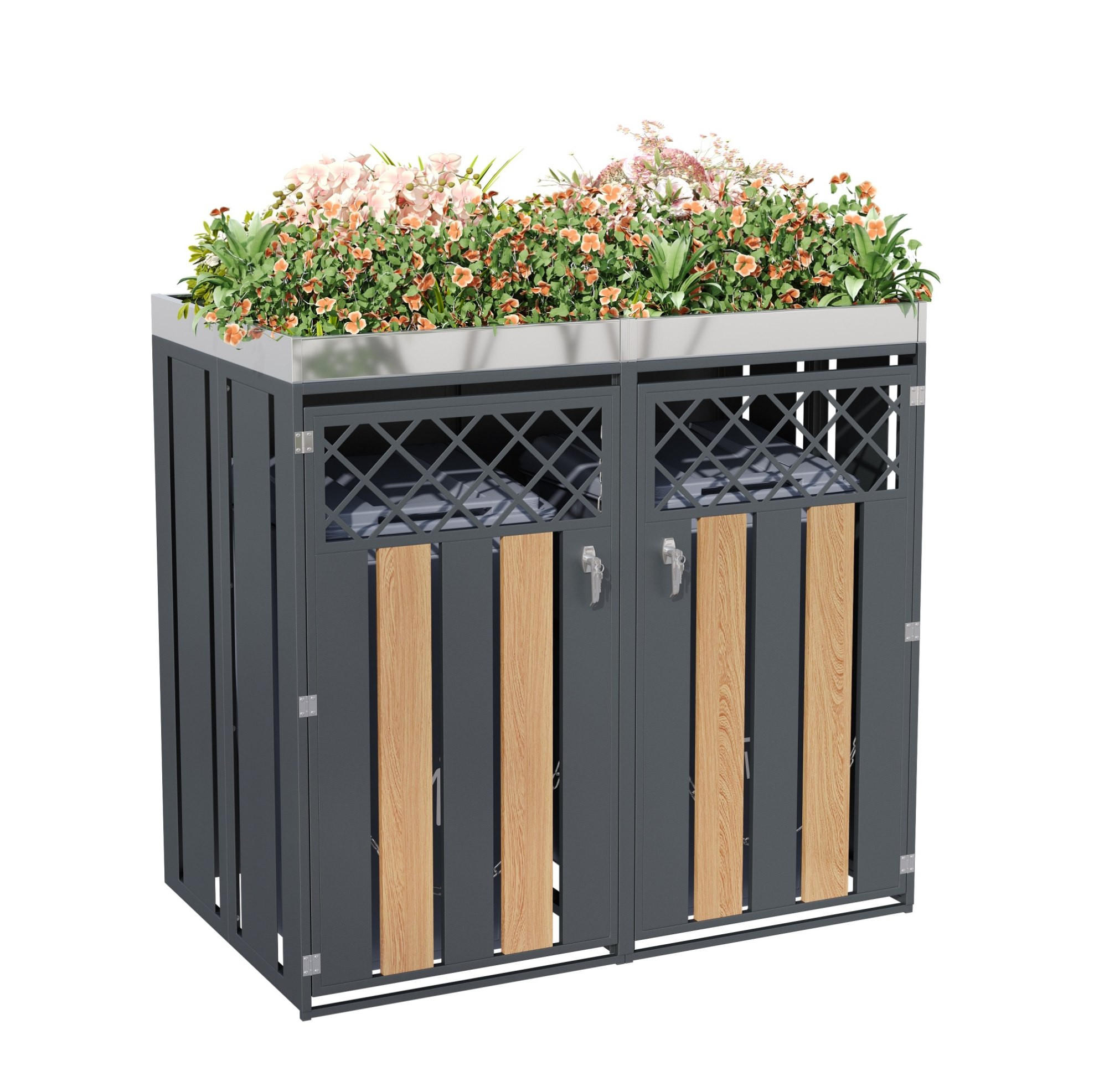 Modfu BOX na odpadkové koše z pozinkované oceli 132x80x124 cm šedá/dekor dřeva uzamykatelný se dvěma dveřmi a horním truhlíkem