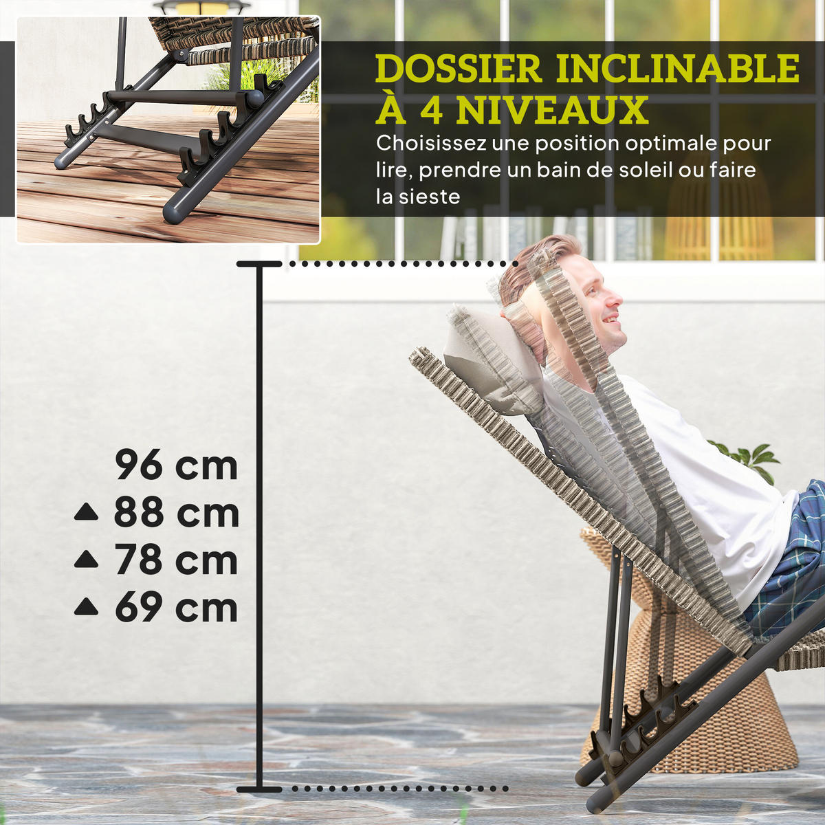 SONNENLIEGE DE-13633 4-fach verstellbar, S-Form Braun - Braun, Metall (62/96/156cm) - ComfortXL