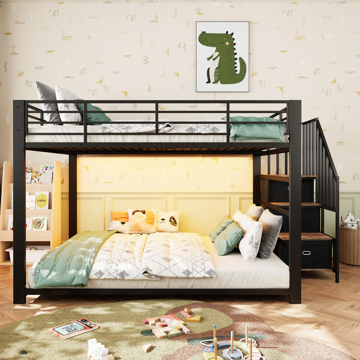 ETAGENBETT 140/200 cm mit Treppe, LED und Steckdose, DE-41957, in Schwarz - Schwarz, Metall (140/200cm) - ComfortXL