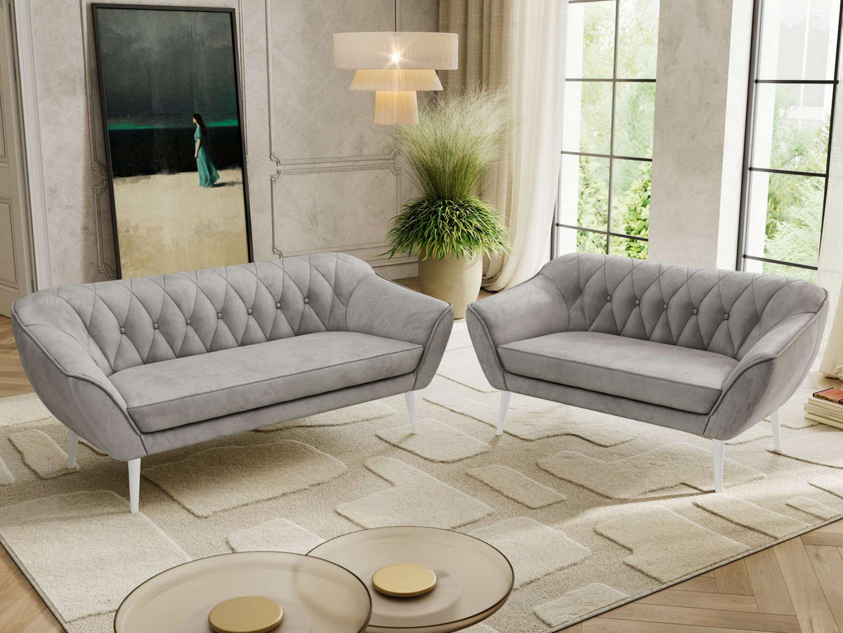SEDACÍ SOUPRAVA 3+2 PIRS - Světle šedá Samet - Bílé nohy - bílá/světle šedá, kompozitní dřevo/textil (180/75/74cm) - MKS