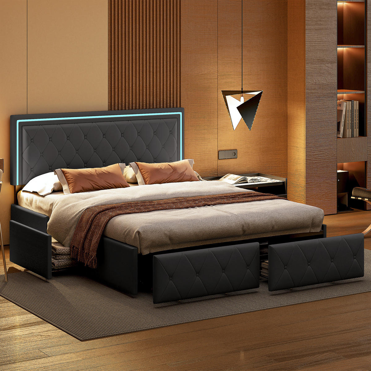 POLSTERBETT 140x200 cm, Grau, LED-Beleuchtung - Grau, Textil/Metall (140/200cm)