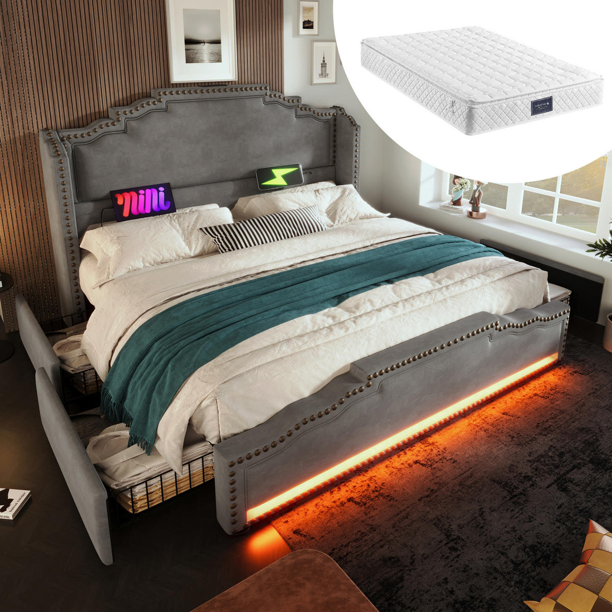 BETT mit Matratze, 4 Schubladen, LED & USB-C 140x200 cm Samt Grau - Grau, Metall (140/200cm) - Meubliv