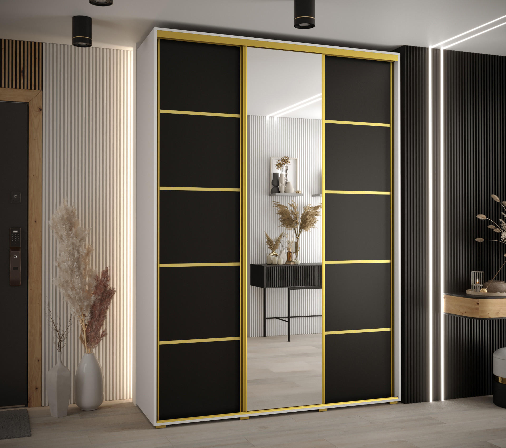 SCHWEBETÜRENSCHRANK 235,2/180/60 3-türig - Goldfarben/Schwarz, Holz/Metall (180/235/60cm) - Abiks Möbel