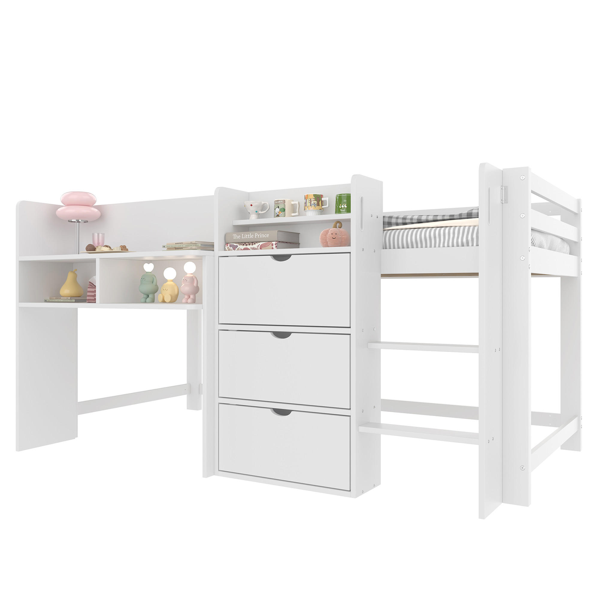 CHICFURN VYVÝŠENÁ POSTEL 90/200 cm v bílé barvě ve tvaru domečku s úložnými přihrádkami