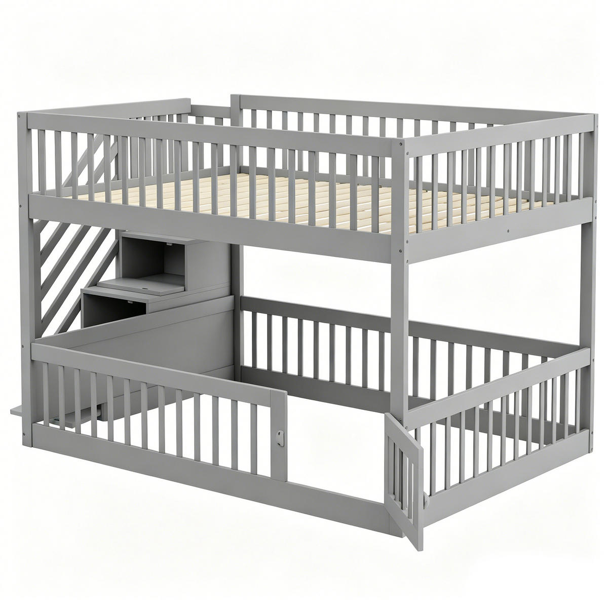 ETAGENBETT 140/200 cm mit Stauraumtreppe, Schubladen und Tür, Grau - Grau, Holzwerkstoff (140/200cm) - Redom