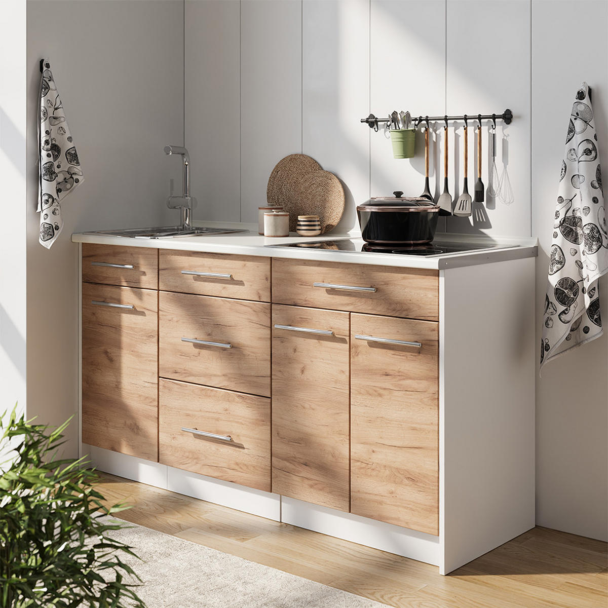 KUCHYNSKÝ BLOK Fame-Line, Dub Goldkraft/biely, 150 cm, AP Antracit - biela/dub medový, kompozitné drevo (150/82/60cm) - Vicco