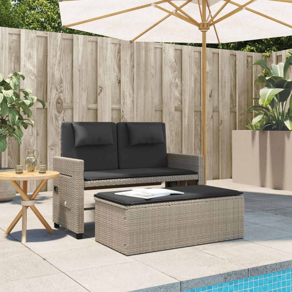 GARTENBANK Verstellbar mit Kissen Hellgrau Poly Rattan - Grau, Kunststoff (122/83/58cm) - furnicato