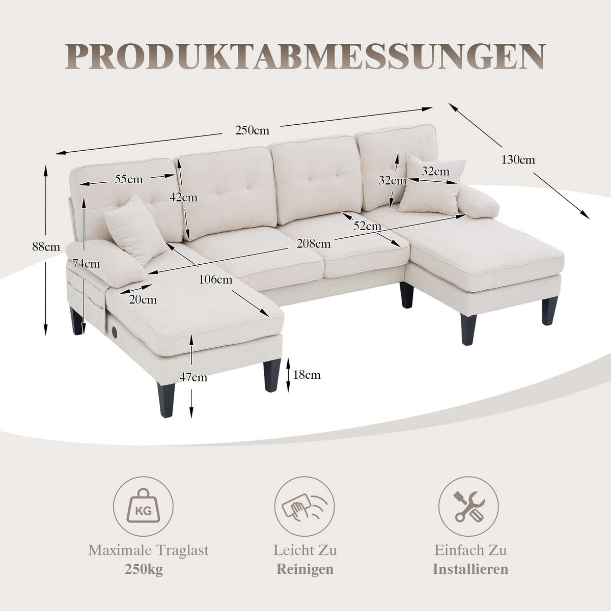 WOHNLANDSCHAFT 4-Sitzer Leinen Beige mit USB, Type-C und Seitentaschen - Beige, Textil (250/88/130cm) - WISHDOR