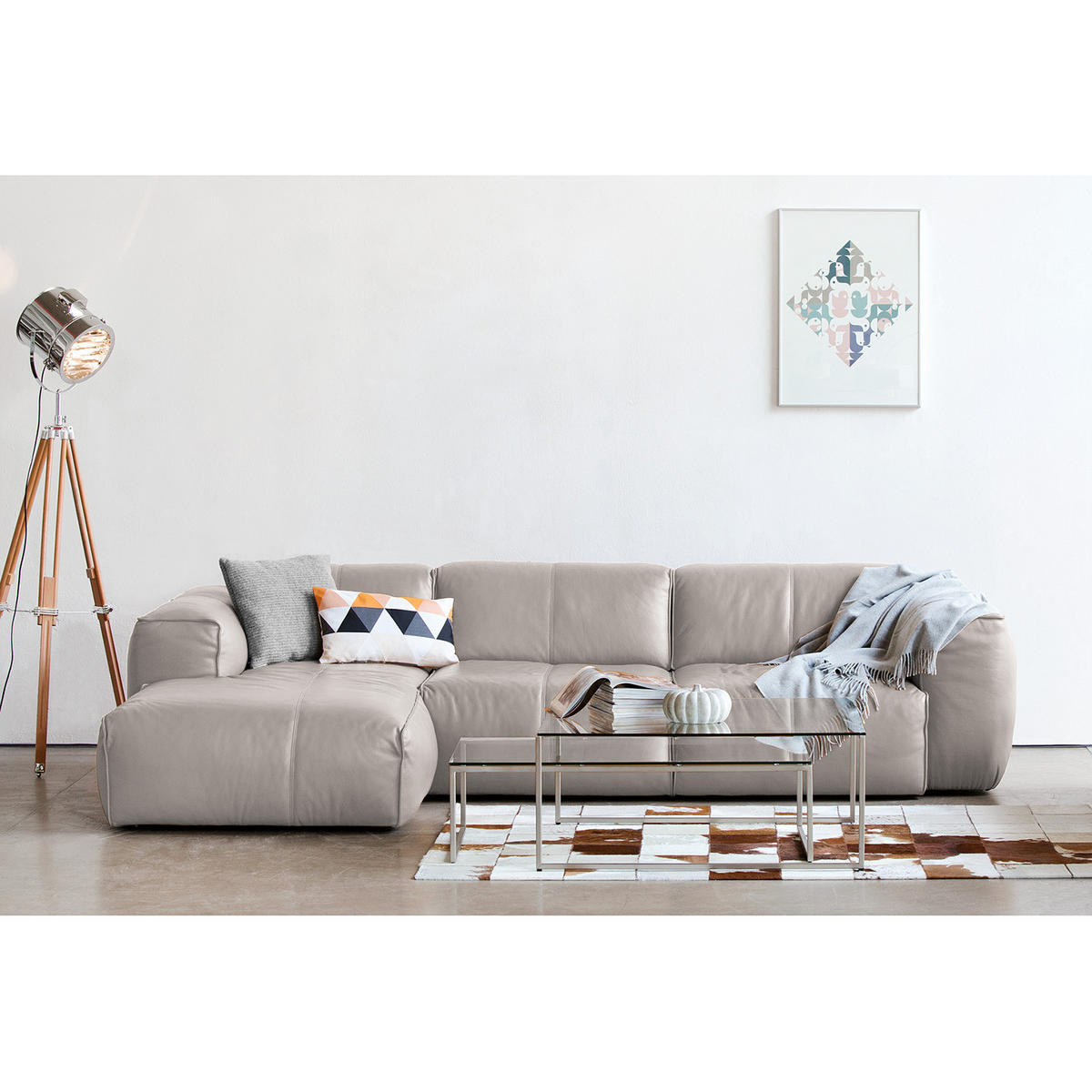 3-SITZER ECKSOFA mit Longchair - Hellgrau/Schwarz, Leder/Kunststoff (317/173cm) - home24