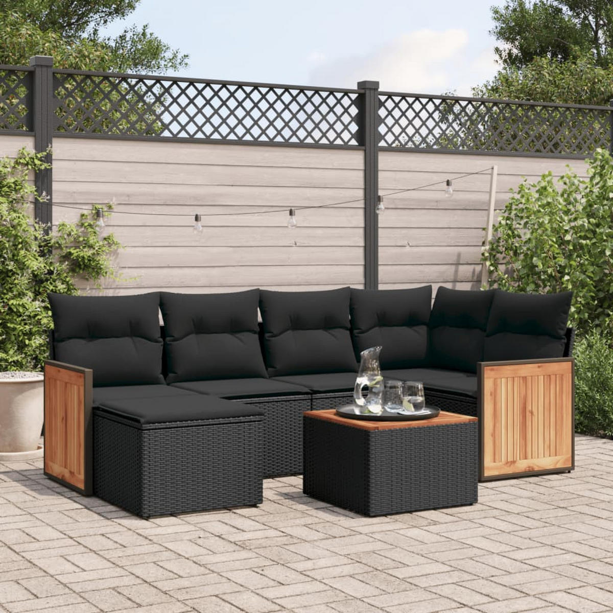 GARTEN-SOFAGARNITUR 7-teilig Mit Kissen Schwarz Poly Rattan - Schwarz, Kunststoff - vidaXL