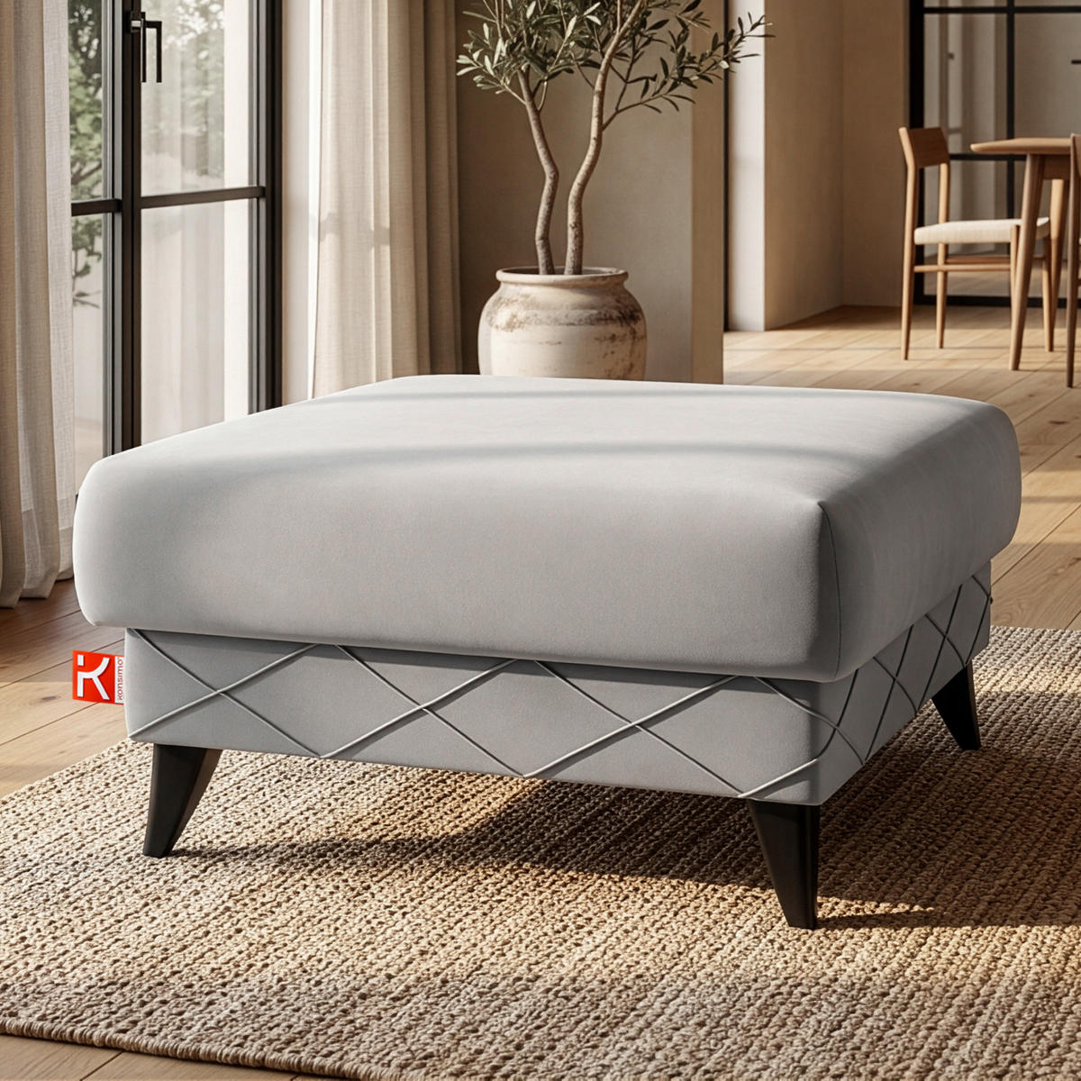 POUF GUSTAVO III Velours, Hellgrau - Hellgrau, Holz/Holzwerkstoff (92/49/92cm) - KONSIMO®
