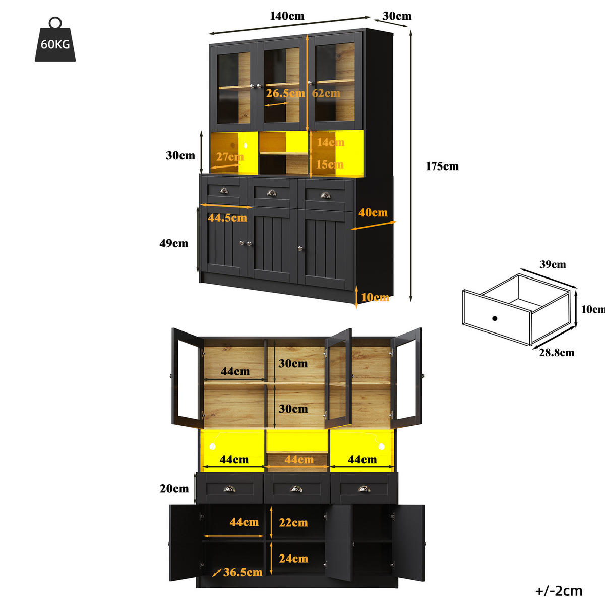 BUFFETSCHRANK 140/40/175 cm schwarz aus MDF mit LED-Beleuchtung - Schwarz, Holzwerkstoff (140/175/40cm) - OKWISH
