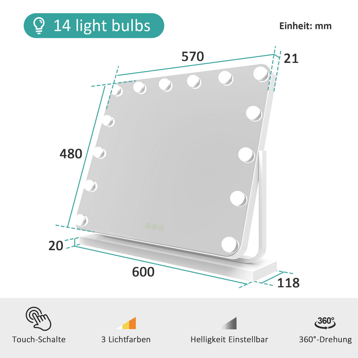 KOSMETIKSPIEGEL mit Beleuchtung, Weiß, 60/52 cm - Weiß, Glas (52/12/60cm) - EMKE