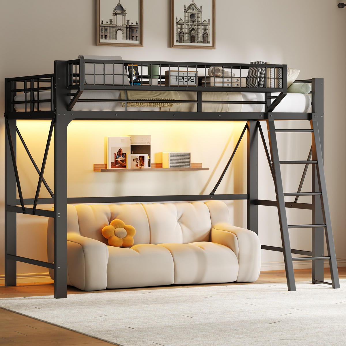 HOCHBETT 90/200 cm in Schwarz mit Stauraum, LED und Sicherheitsgitter aus Metall - Schwarz, Metall - STILVORA
