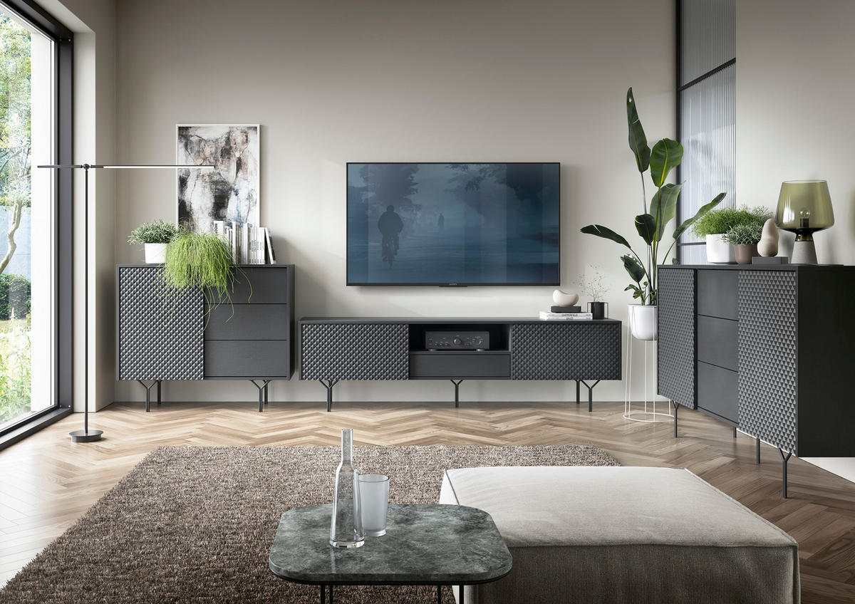 SIDEBOARD ORILLIA KOM3-1D3S Fräste Fronten, Schwarz - Schwarz, Holzwerkstoff/Kunststoff (97/83/38cm) - Komodee