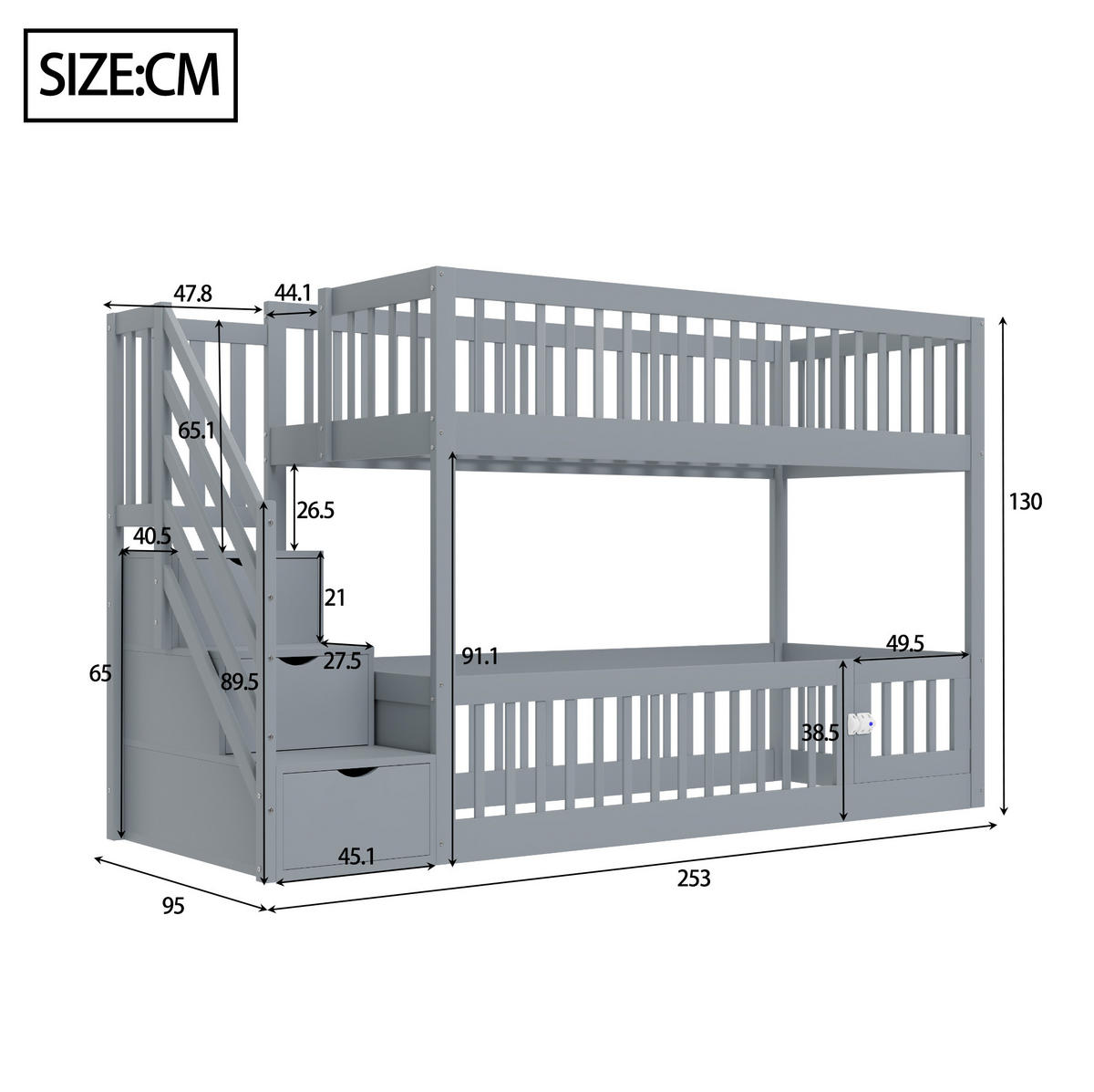 ETAGENBETT Massivholz 90x200 cm Grau mit Stauraumtreppe und Schubladen - Grau, Holz (90/200cm) - Modfu