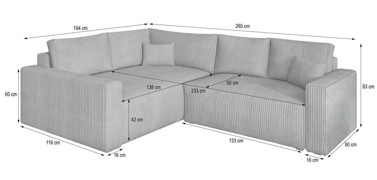 ECKSOFA ERONIS L-S Schwarz Kordstoff mit Schlaffunktion - Schwarz, Holz (265/194cm) - MASSENO