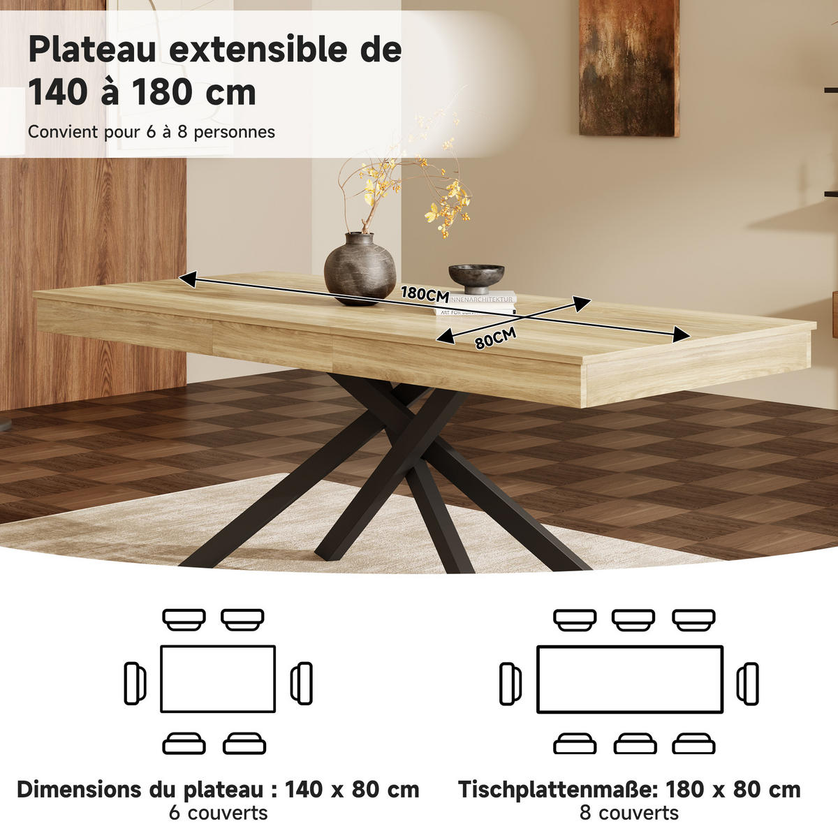 AUSZIEHTISCH Eichefarben 140-180/80/76 cm - Eichefarben, Holz (80/180/76cm) - PANGIVO