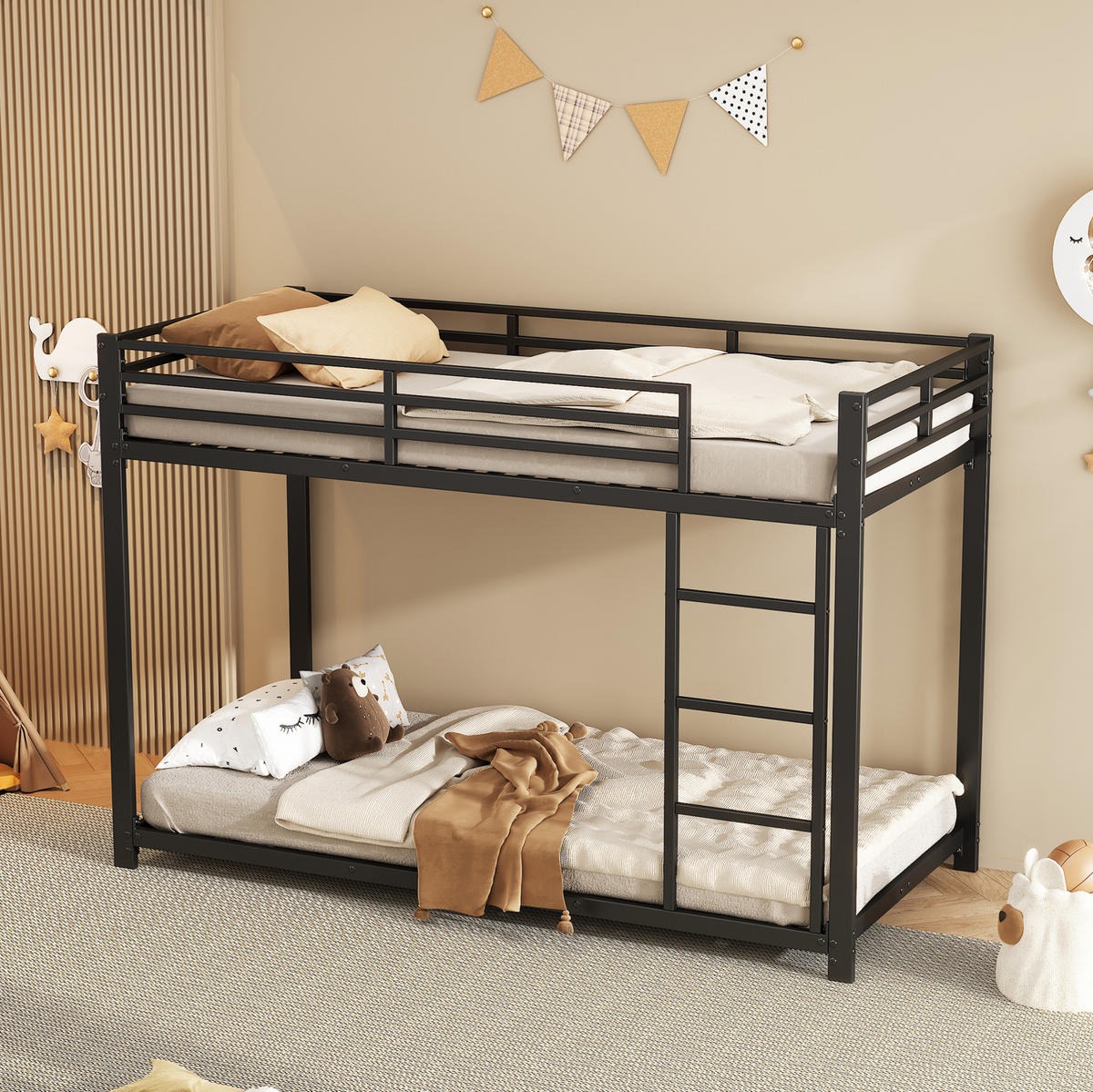 ETAGENBETT aus Metall 90x200 cm Schwarz mit Sicherheitsleisten, 2 Lattenrosten und platzsparender Bauweise - Schwarz, Metall (90/200cm) - Modfu