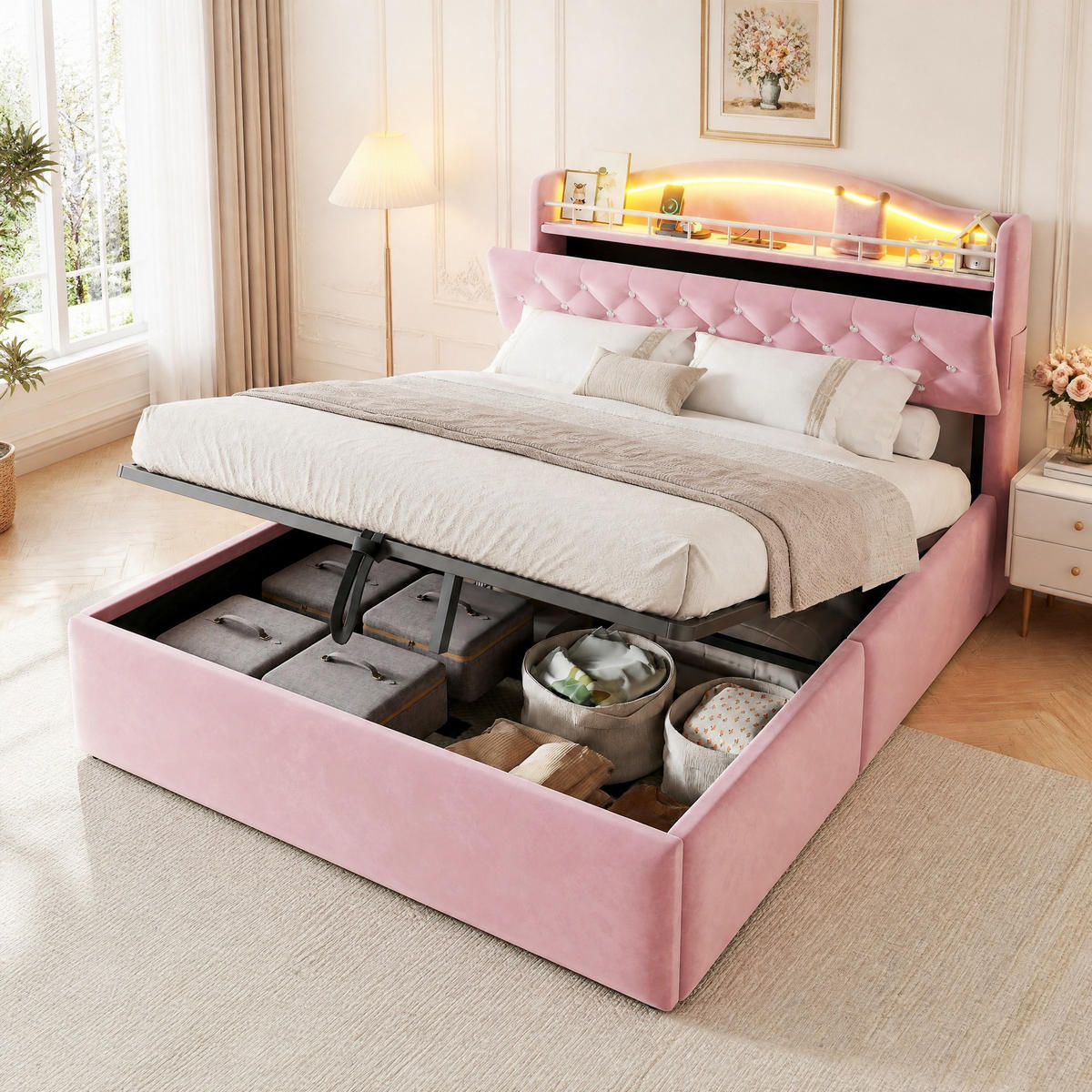 POLSTERBETT 140/200 cm aus Samt und Metall mit Stauraum Rosa - Pink, Textil (140/200cm) - OKMYHOME