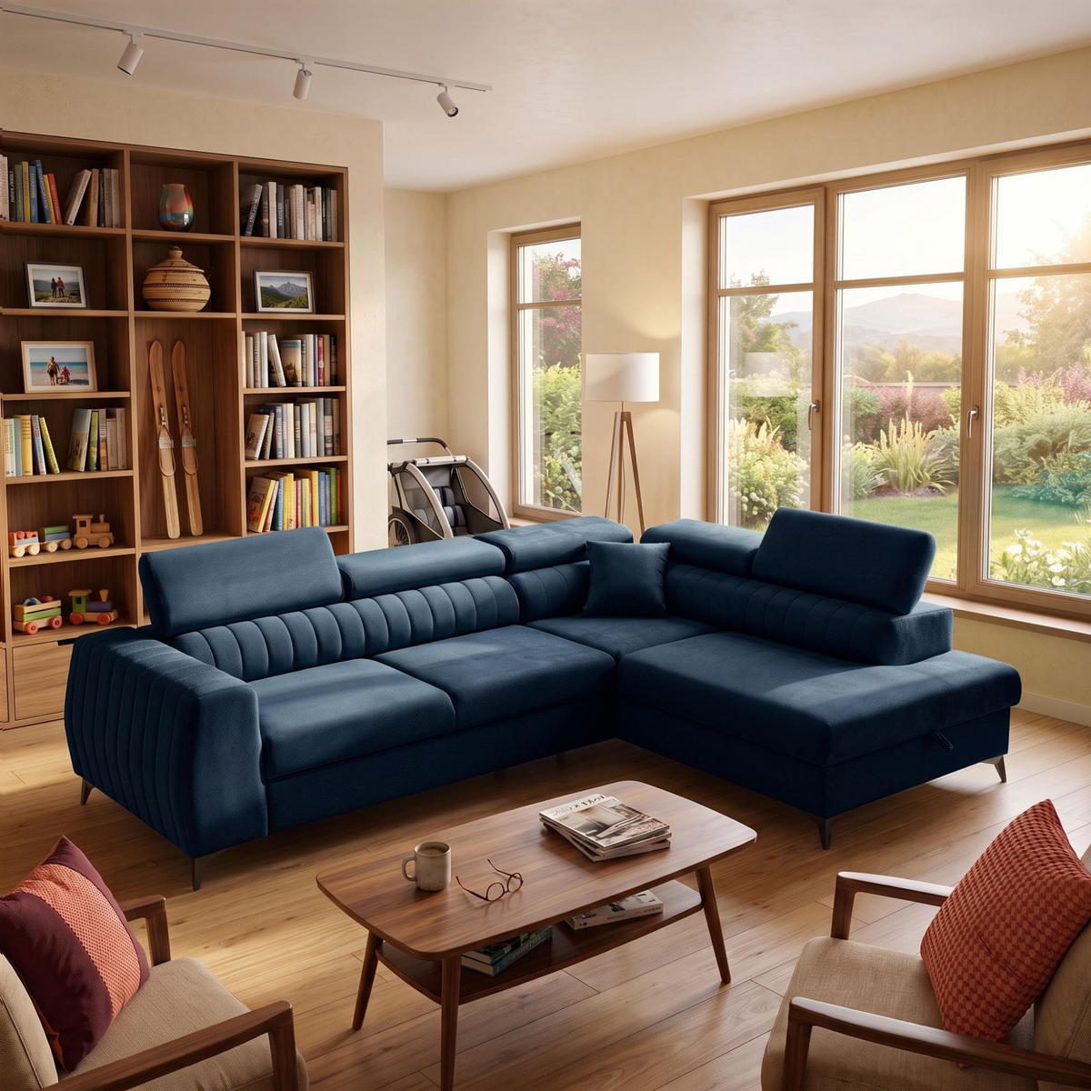 ECKSOFA PIERO L Rechts mit Schlaffunktion 195x125 Velours Dunkelblau - Schwarz/Dunkelblau, Holz/Textil (203/268cm) - Muffo