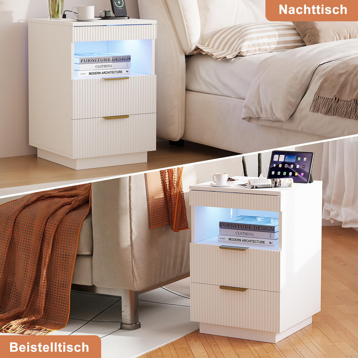 NACHTSHRANK Weiß mit LED-Beleuchtung, Steckdose, USB & Type-C, Nachttisch mit 2 Schubladen, 40/40/60 cm - Goldfarben/Weiß, Holz/Metall (40/60/40cm) - BPKADHY