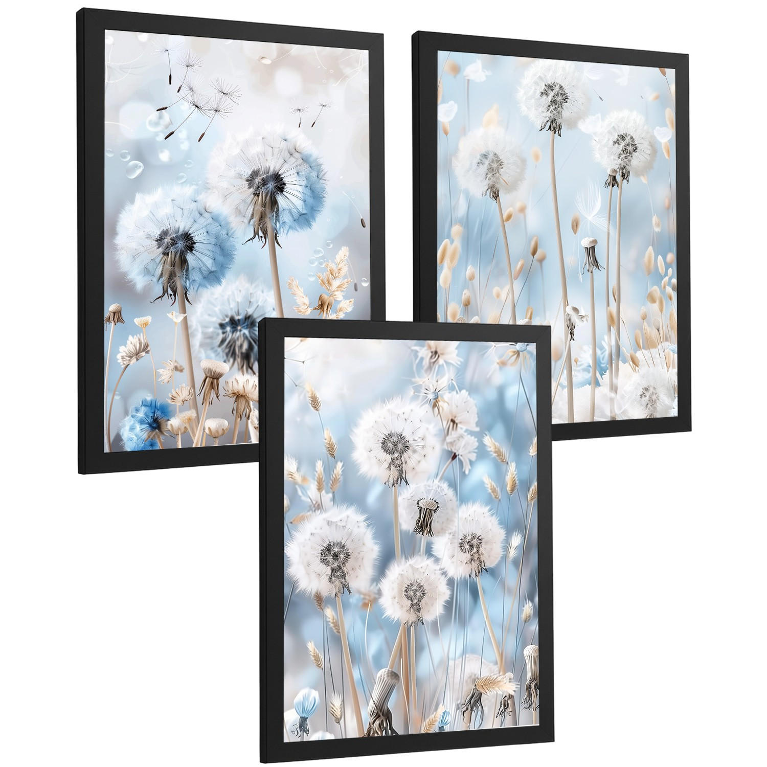 POSTER 3er Kunstdruck-Set Wandbilder Floral Blau modern Wohnzimmer Deko, Schlafzimmer, Küche, Badezimmer Schwarzer Rahmen A3 - Schwarz, Papier (29.7/1/42cm) - Nacnic