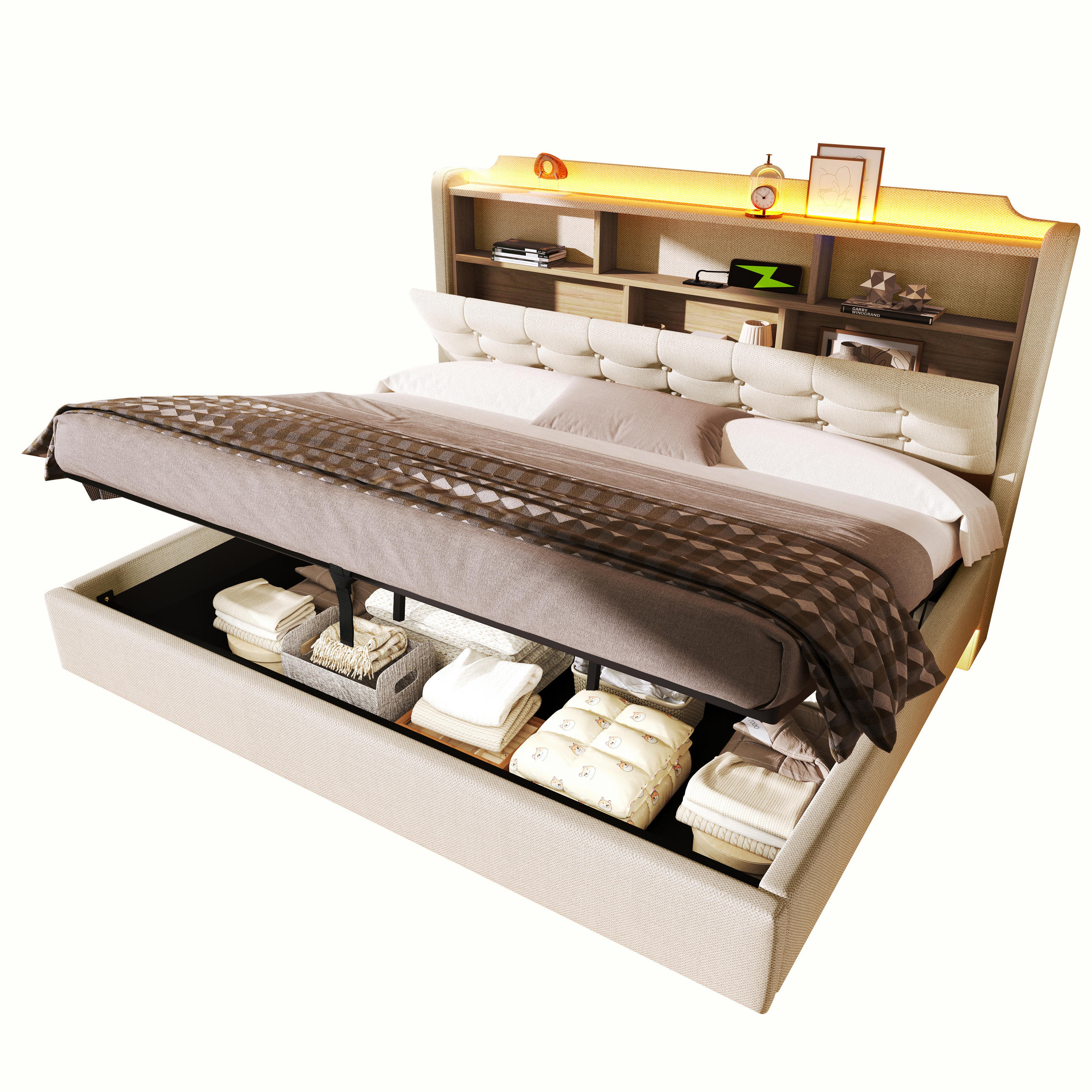 POLSTERBETT 180/200 cm in Beige mit LED, USB, Type-C und Stauraum aus Leinen und MDF - Beige, Holzwerkstoff/Textil (180/200cm) - STILVORA