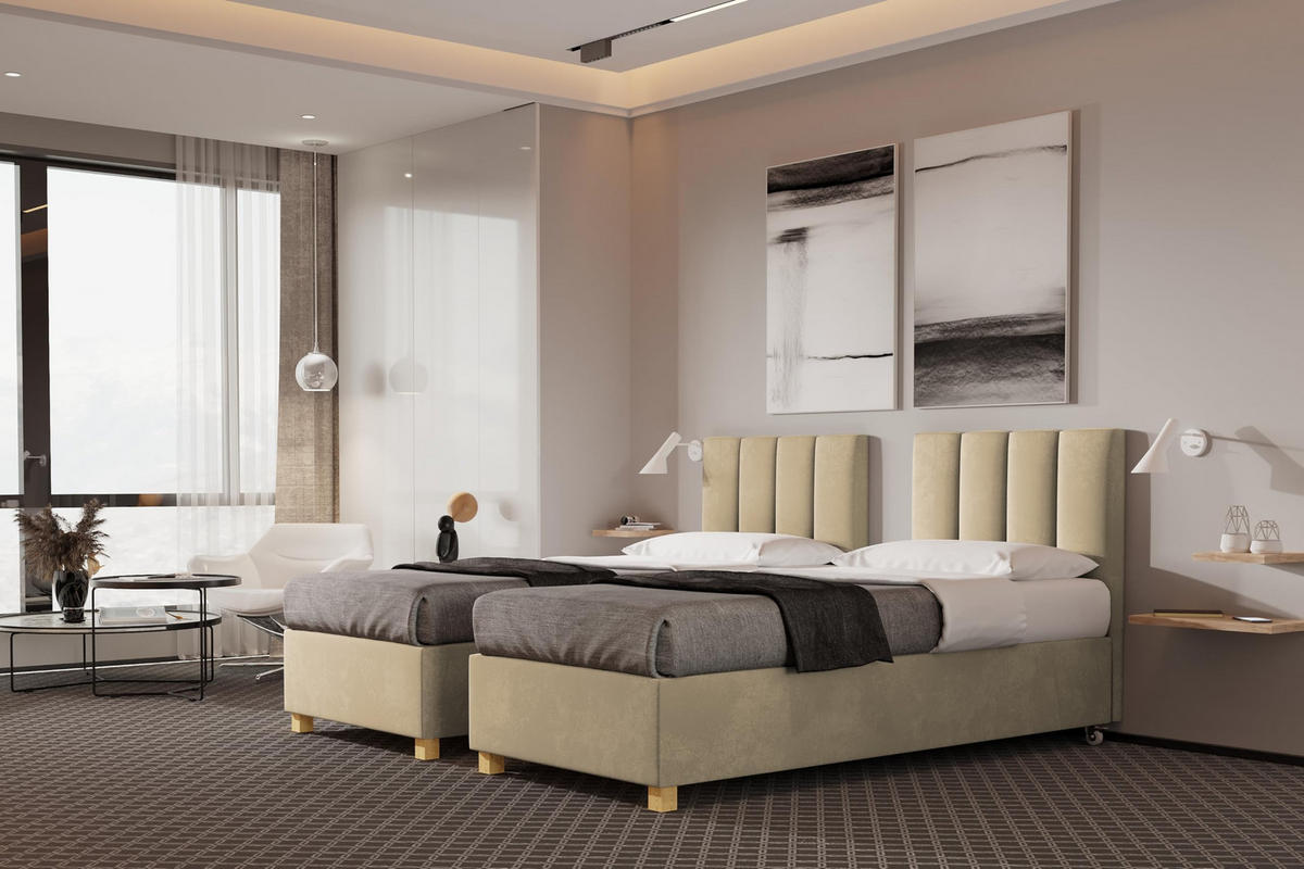 HOTELBETT EUROPA 90x200 cm, Mobil Bett auf Rollen & Koppelbar mit Bonell Matratze, 1 Stück, Beige - Beige, Holz/Buchenholz (90/200cm) - Trada