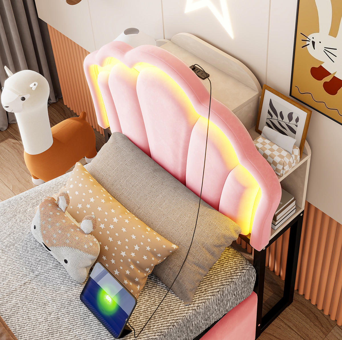 POLSTERBETT 90/200 cm aus Samt mit LED, Stauraum, Steckdosen, Rosa - Pink, Textil (90/200cm) - OKMYHOME