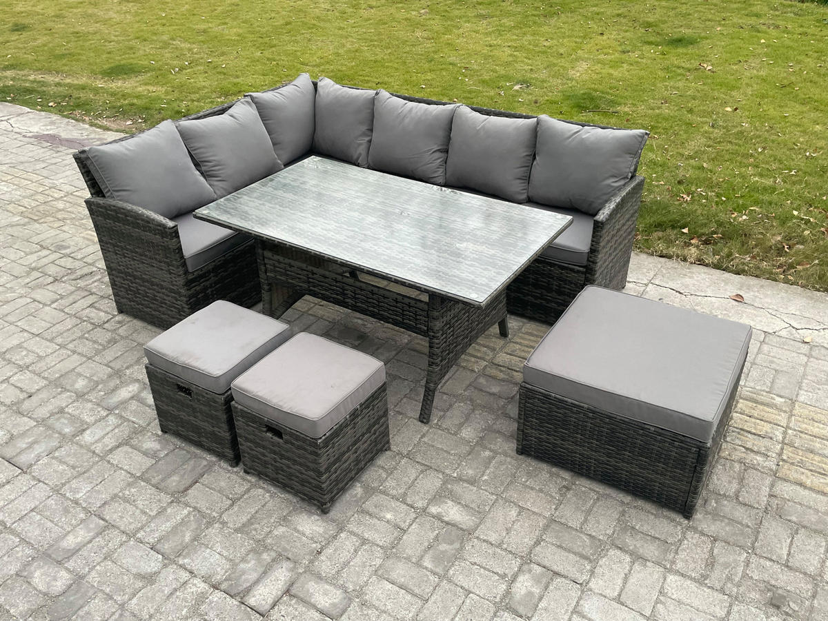 SITZGRUPPE mit Esstisch,3 Fußhocker Polyrattan Dunkelgrau 9-Sitzer - Dunkelgrau/Grau, Glas/Kunststoff - Fimous