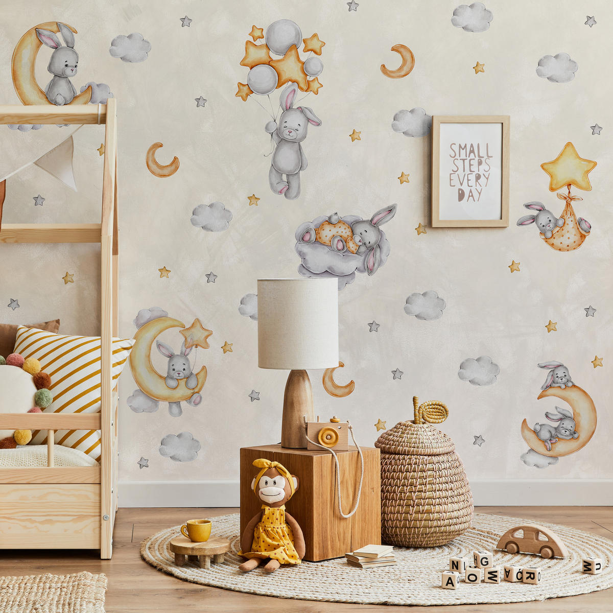 STICKER SET für Kinder Häschen Wolken Monde Sterne 60x30 - Gelb/Beige, Papier (60/30/1cm) - Muralo