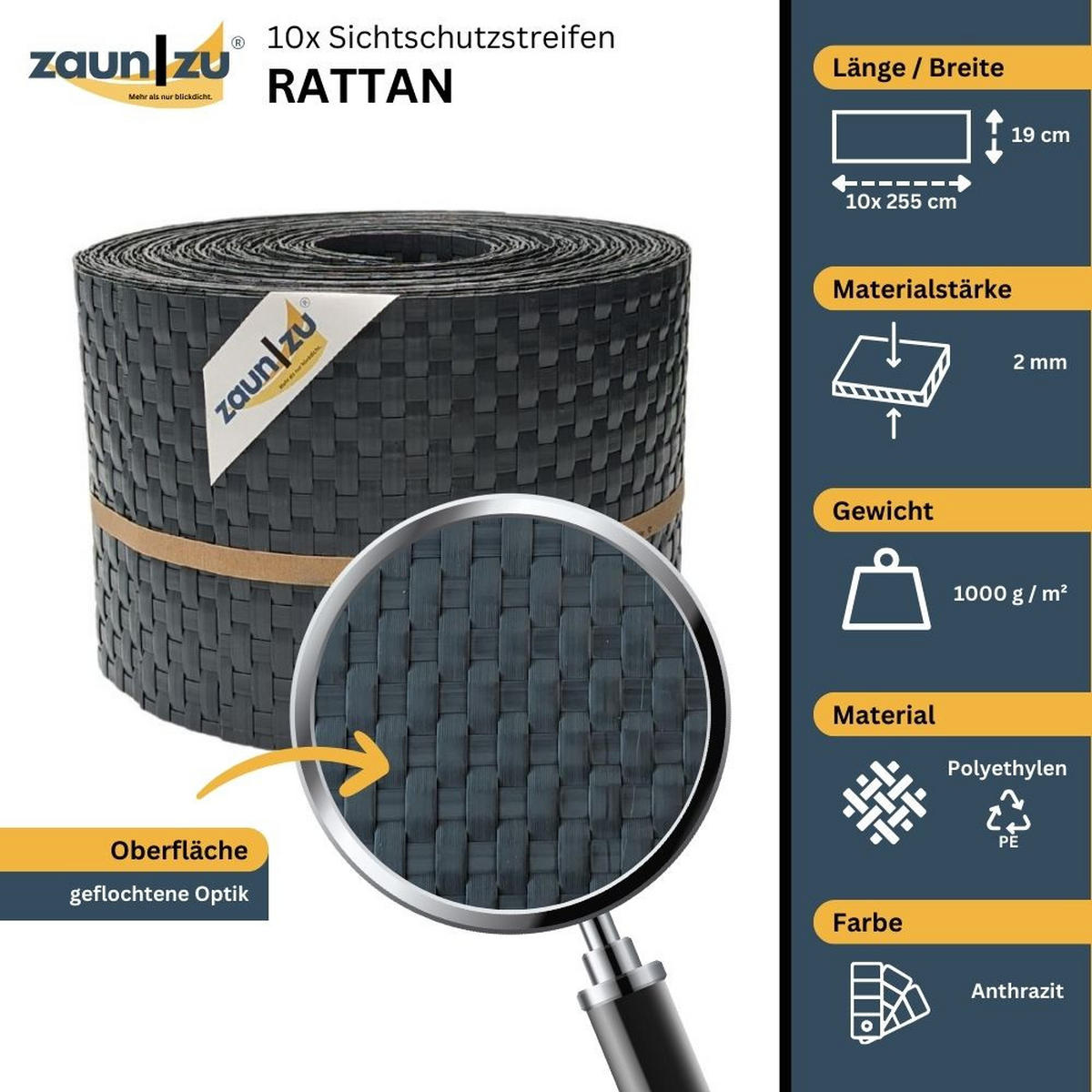 SICHTSCHUTZSTREIFEN Rattan für Doppelstabmatten UV-beständig Anthrazit 10x 2,55m - Anthrazit, Kunststoff (2550/19cm) - ZAUN|ZU