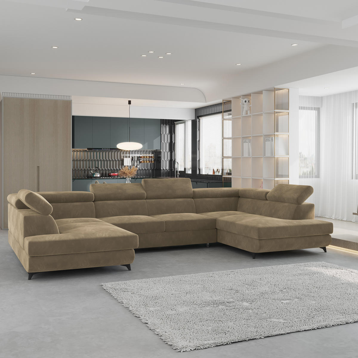 WOHNLANDSCHAFT VINTESSA Beige Velours-Stoff mit Schlaffunktion - Beige, Holz (323/89/190cm) - MASSENO