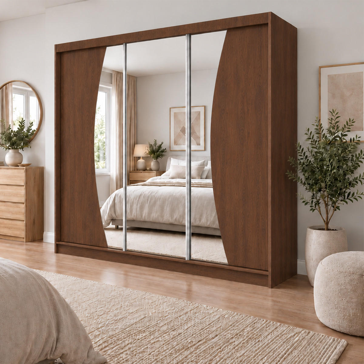 KLEIDERSCHRANK Nox 240 cm Nussbaum Warmia Spiegel 4 Schubl. Griffe schwarz - Nussbaumfarben, Holzwerkstoff (240/216/61cm) - KS Home Concept