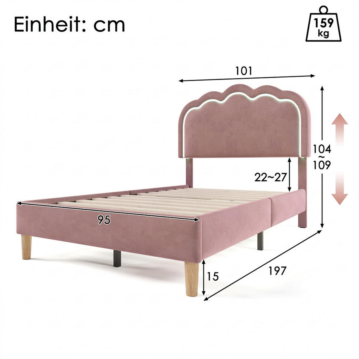 POLSTERBETT 90/190 cm Rosa mit LED und Verstellbares Kopfteil - Rosa, Textil (90/190cm) - Oxeza